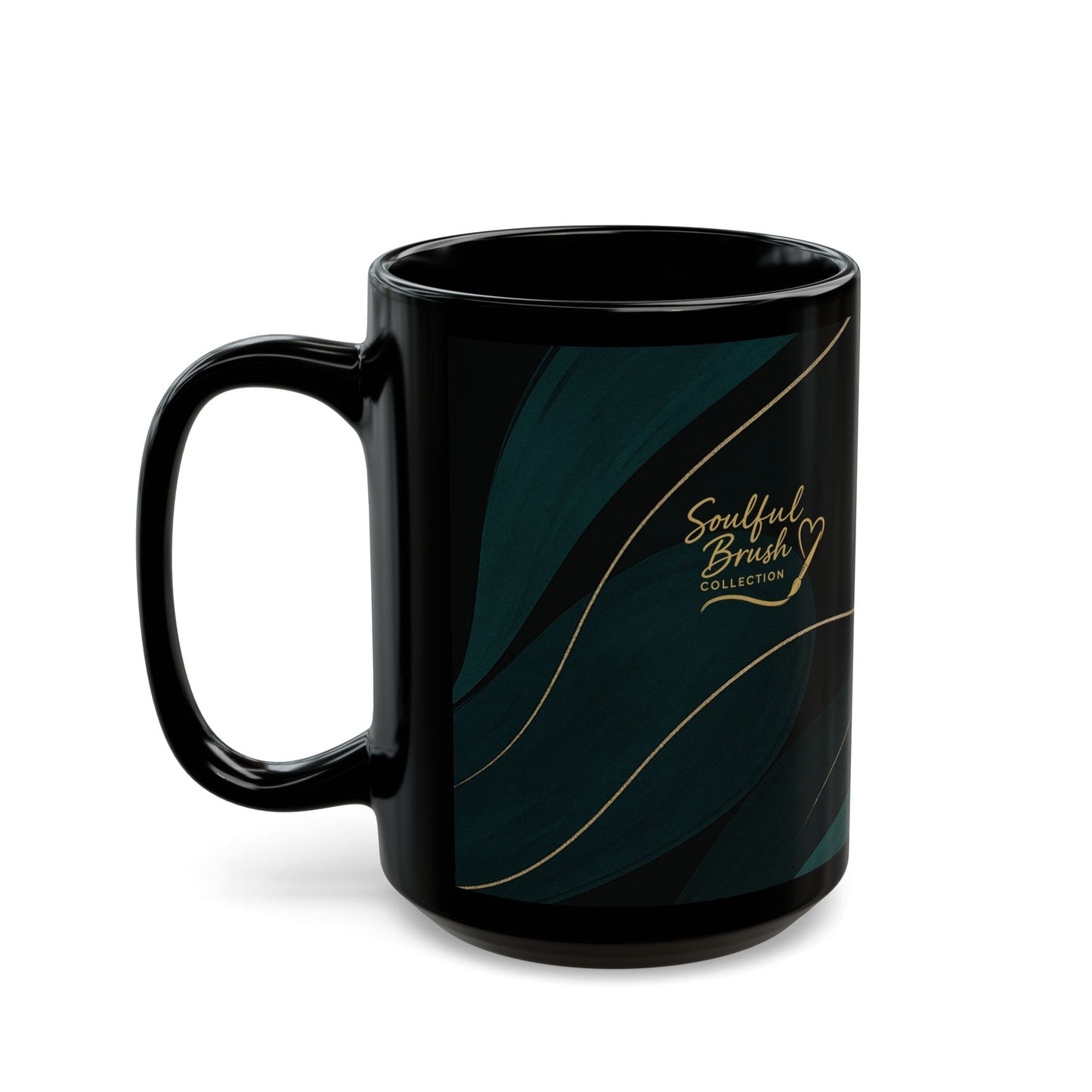 Abstract Teal Wave Black Mug -Soulful Collection— Modern Swirl Coffee Cup (11oz/15oz)