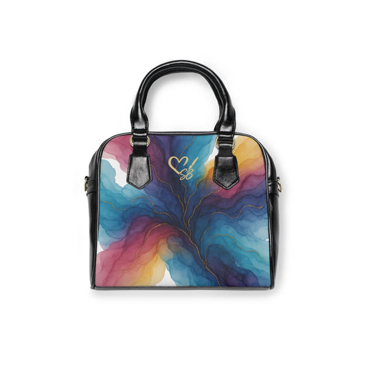 Abstract Watercolor Shoulder Handbag — Colorful Swirl Tote with Heart Accent