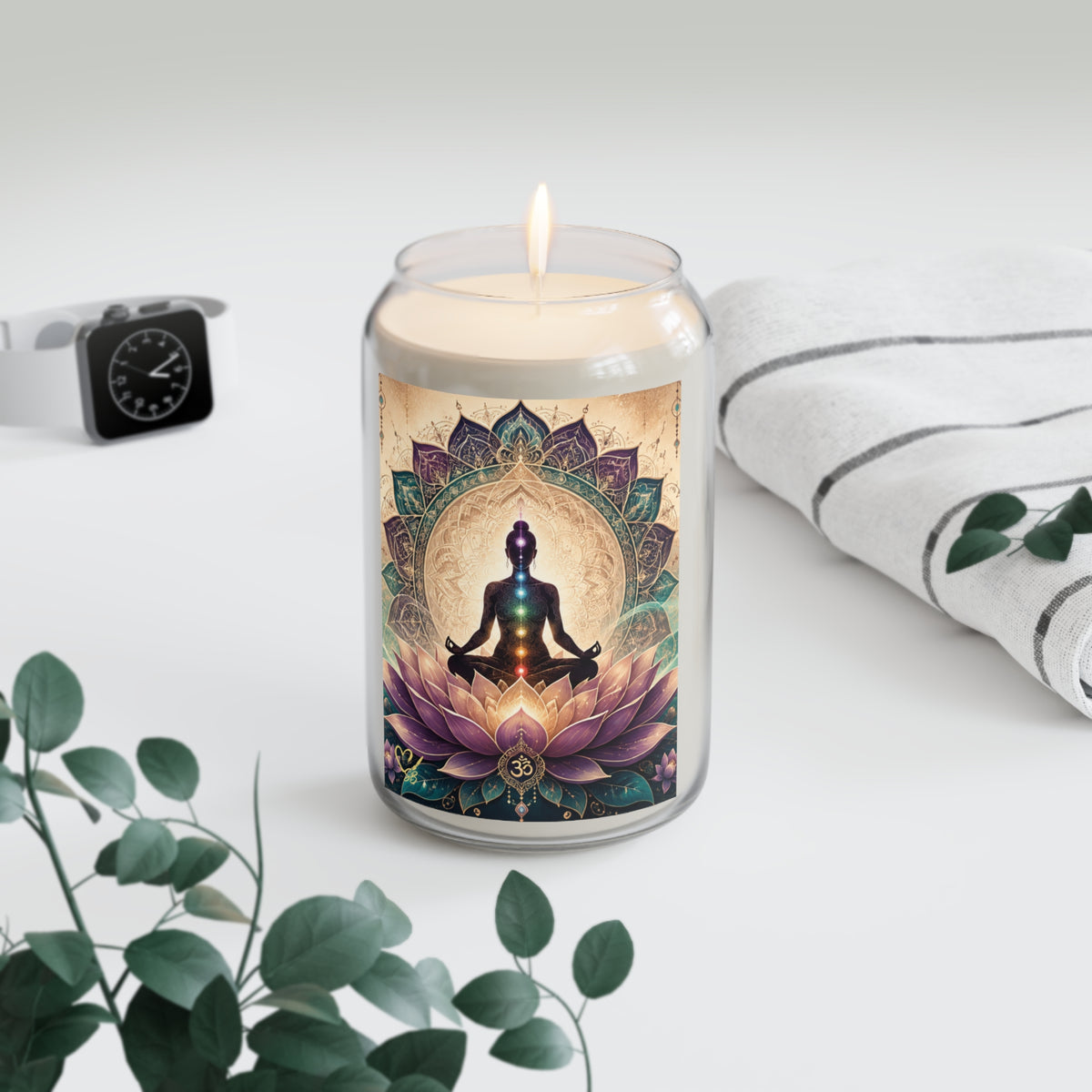 Chakra Meditation Soy Candle — 13.75oz Scented Jar (Lotus & Om Design)