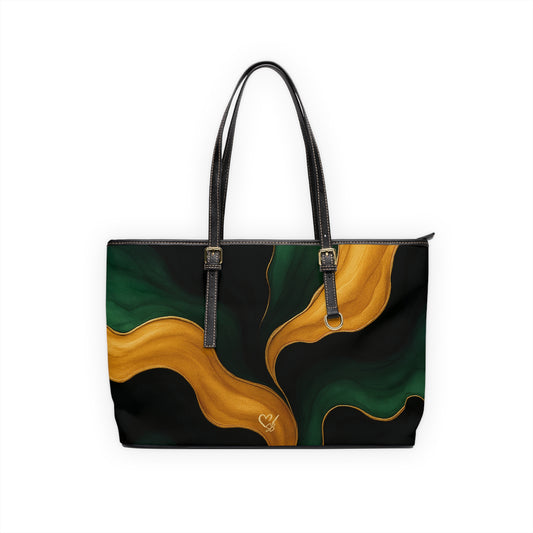 Miranda Artisan Luxe PU leather shoulder bag 17x11 front view – emerald and gold abstract print tote by the Soulful Brush
