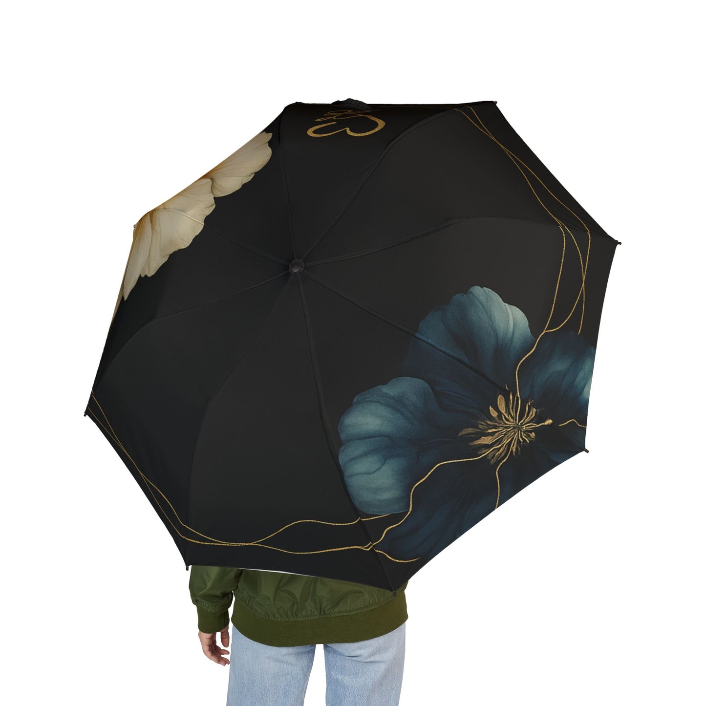 Paraguas plegable Stella 2 — Parasol de lluvia compacto semiautomático con elegantes flores en crema y verde azulado