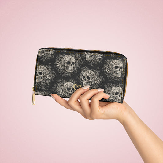 Requiem Bloom gothic floral skull zipper wallet – front view, Day of the Dead design by the Soulful Brush
