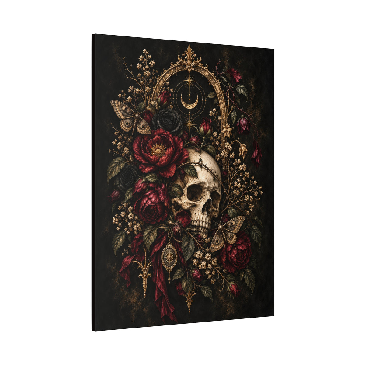 Skull & Roses Gothic Canvas Wall Art —Eclipsed Moon- Matte Stretched 1.25"