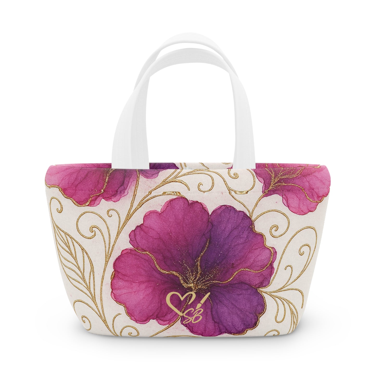 Floral Pink Poppy Lunch Bag — Insulated Tote with Gold Vine Design