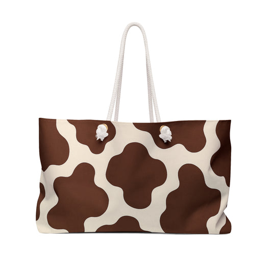 Cow Print Weekender Bag — Brown & Cream Floral Cowhide Tote for Travel