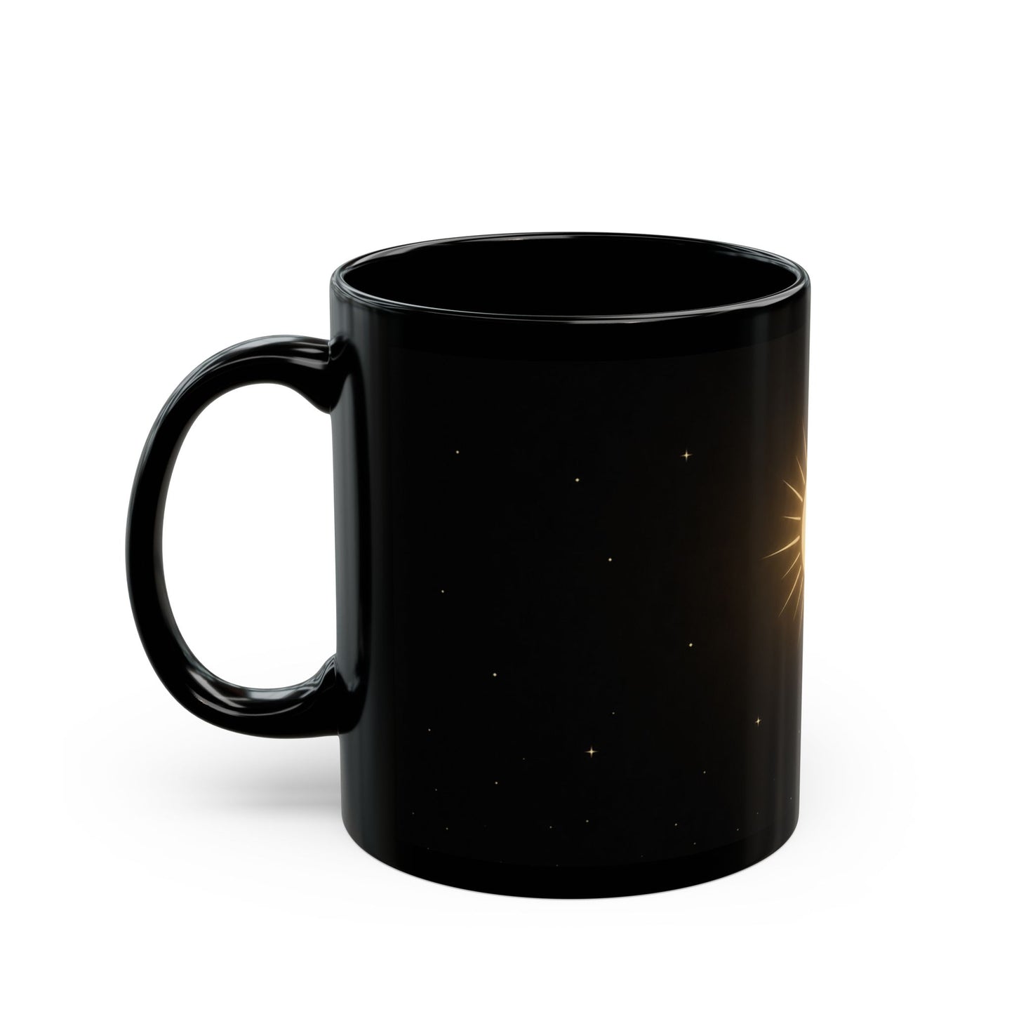 Sol Radiance-Celestial Sun Black Mug — Golden Sun & Stars Coffee Cup (11oz, 15oz)