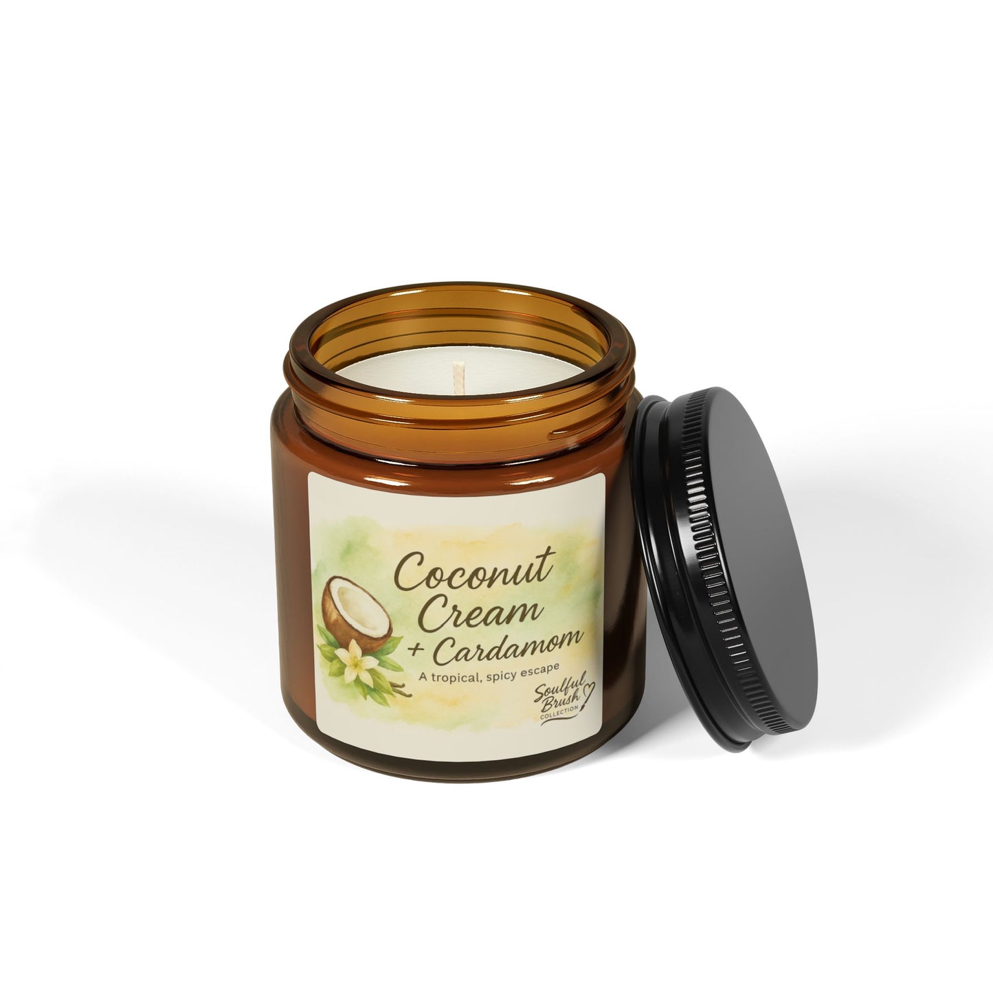 Vela de Soja de Crema de Coco y Cardamomo — Frasco Ámbar (Varios Tamaños)