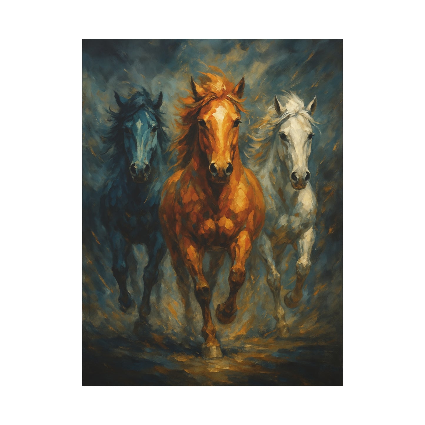 Arte de pared en lienzo mate "Caballos corriendo" — Pintura de trío dramático, estirado 1.25"