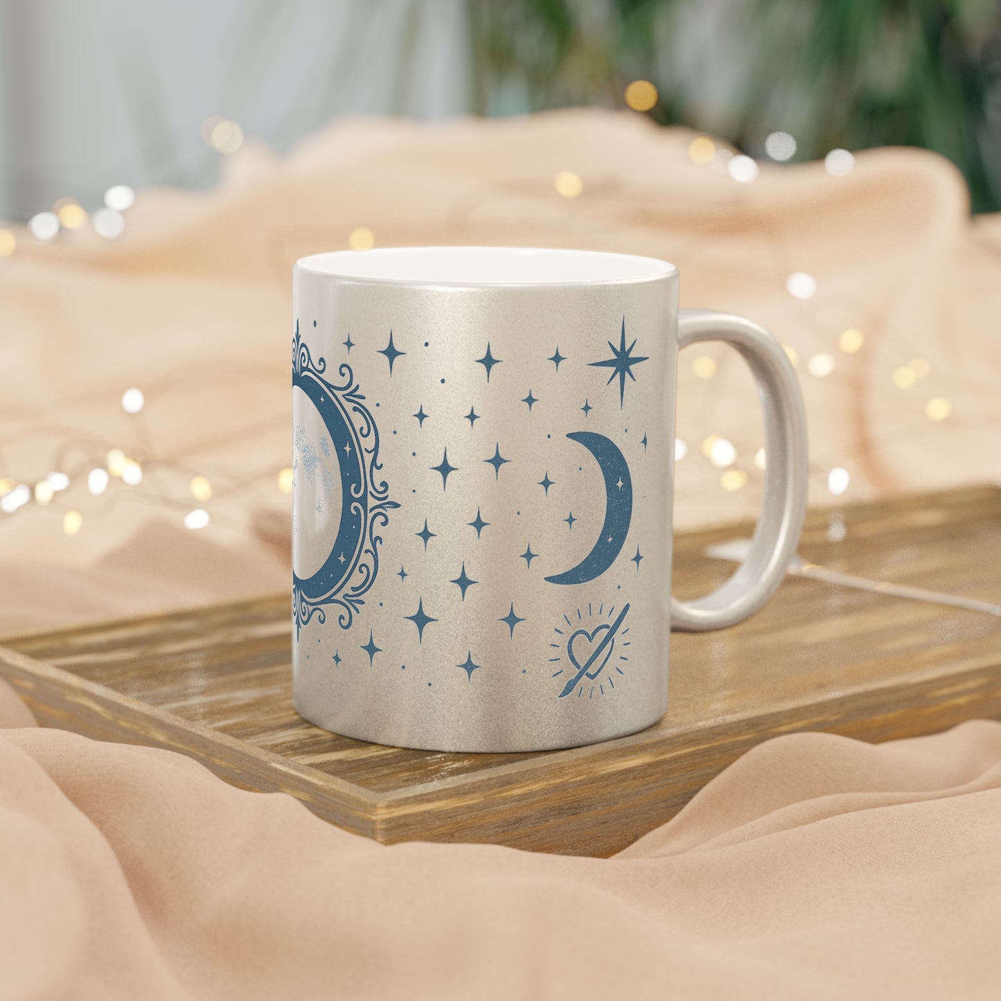 Taza Metálica Fase Lunar — Taza de Café Celestial Plateada/Dorada con Estrellas y Luna Creciente