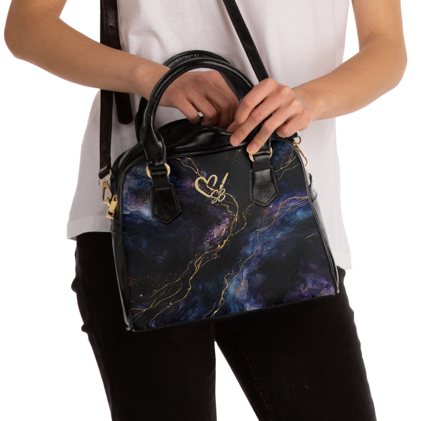 Onyx-2025 Colección Artisan Luxe - Bolso de hombro — Bolso tote Negro y Oro con espirales y Monograma de Corazón