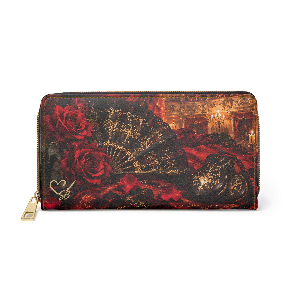 Front of Carmen — The Last Note zipper wallet, printed with red roses, a black and gold fan and castanets.