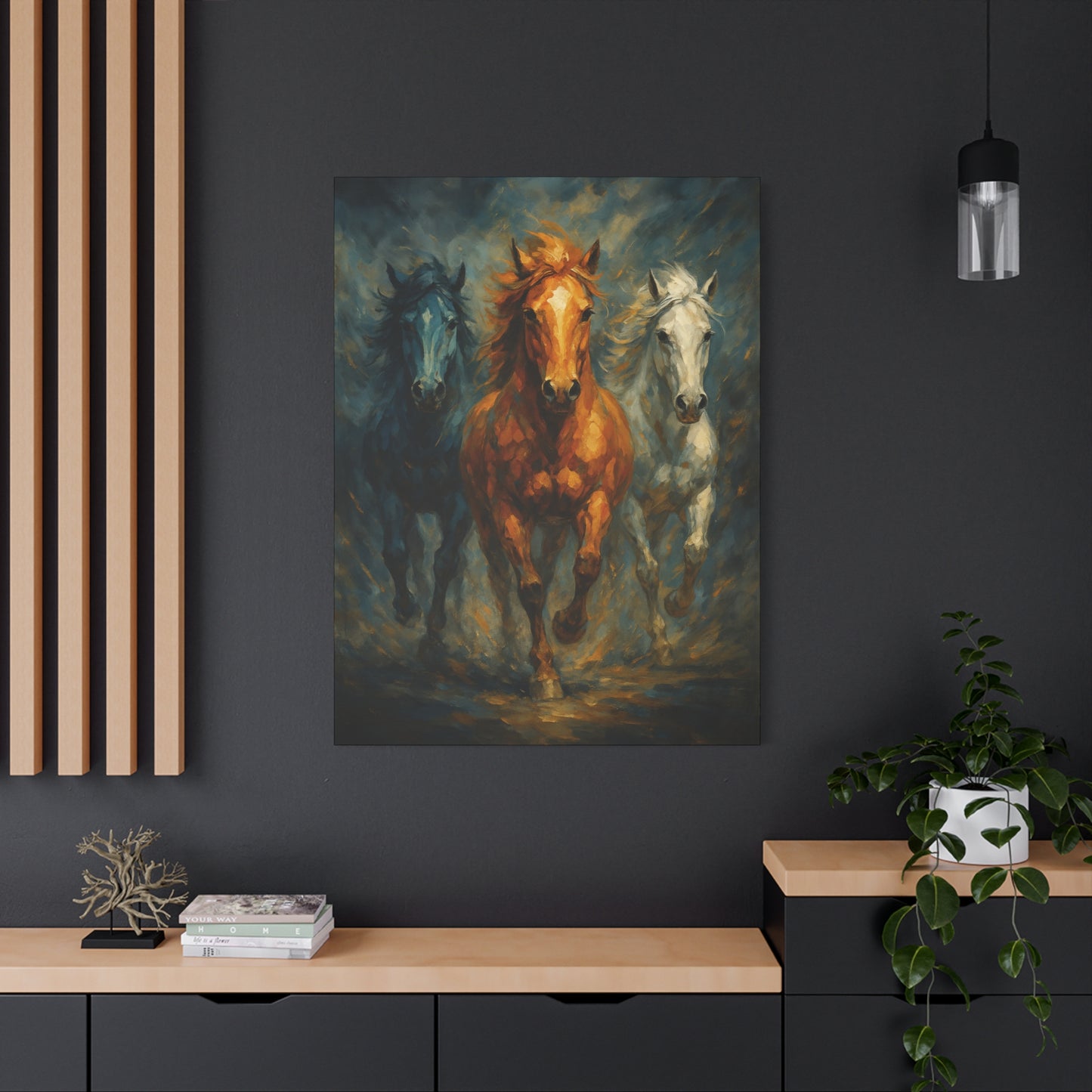 Arte de pared en lienzo mate "Caballos corriendo" — Pintura de trío dramático, estirado 1.25"