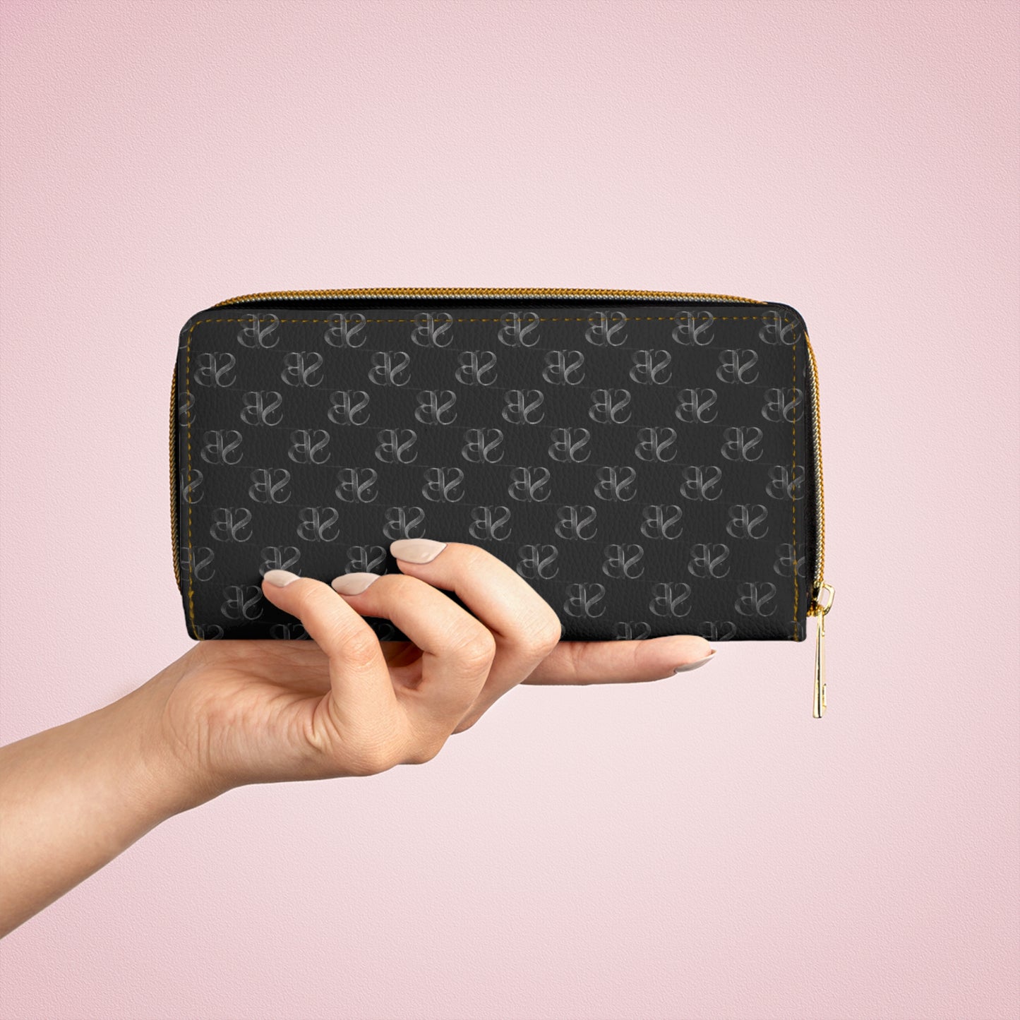 Eclipse- Zipper Wallet – Classic Black Logo Print with Gold Hardware