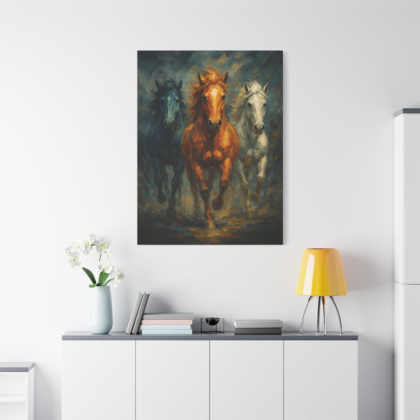 Arte de pared en lienzo mate "Caballos corriendo" — Pintura de trío dramático, estirado 1.25"