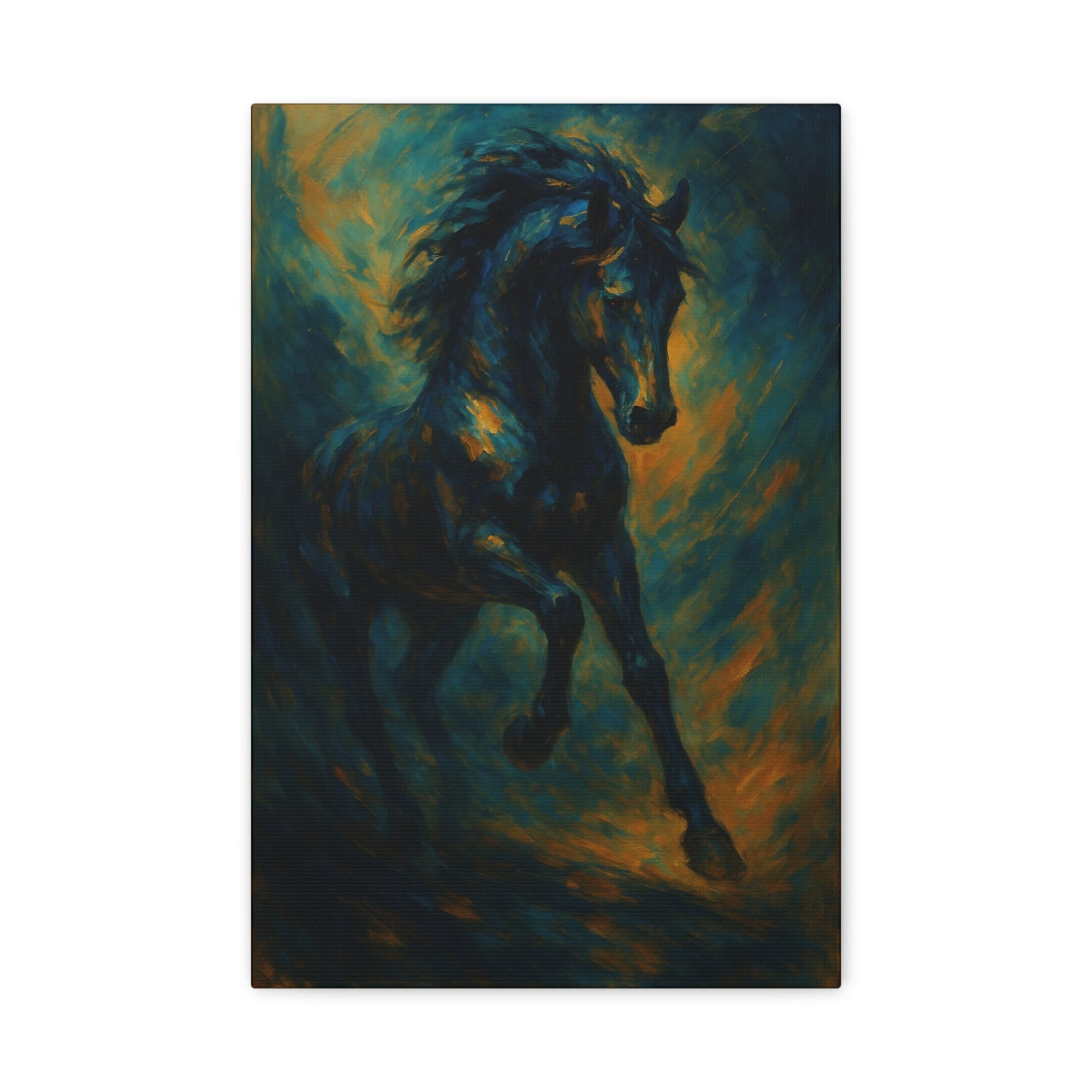 Lienzo Mate de Caballo Negro Galopando — Dramática Pintura Ecuestre