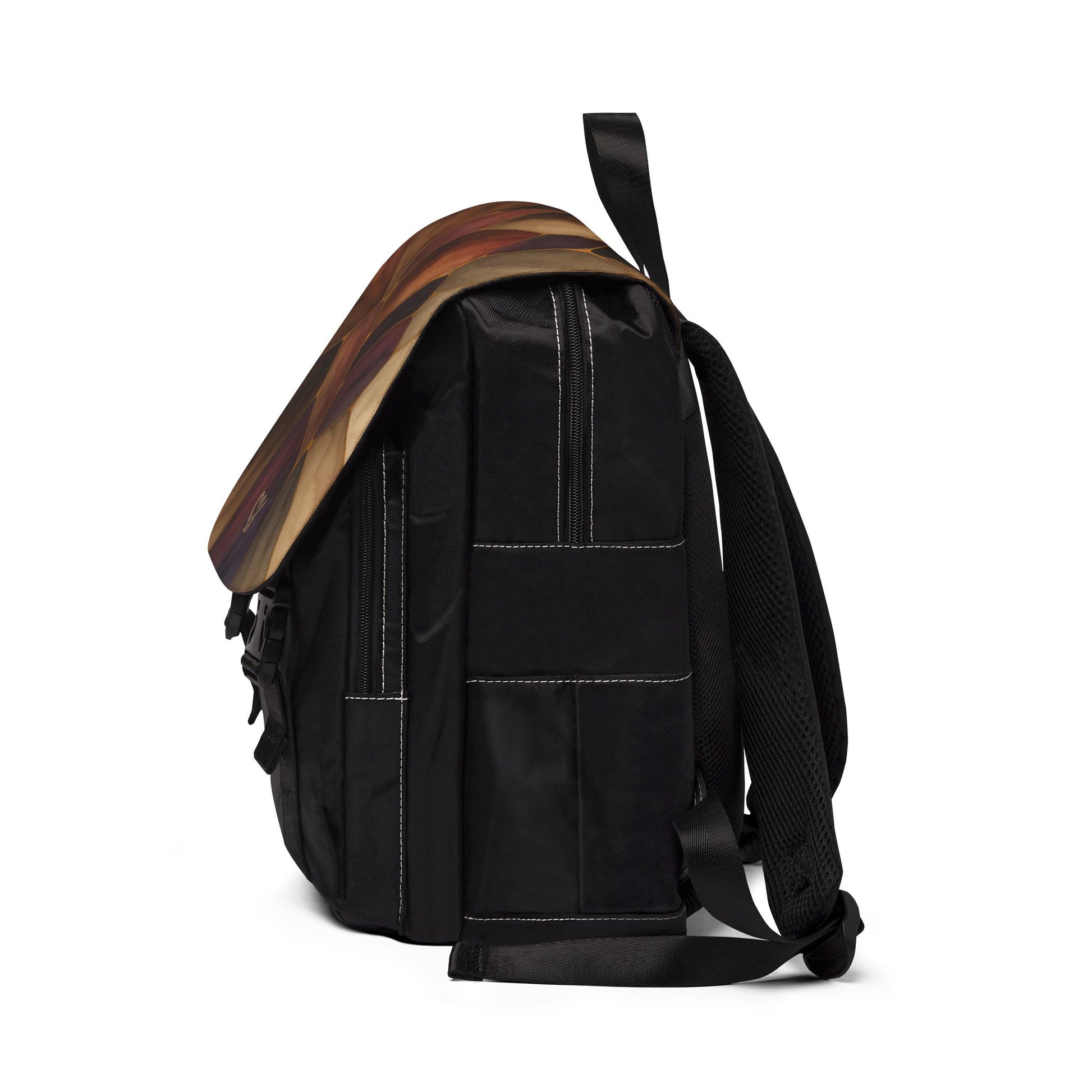 Sienna Artisan Luxe shoulder backpack right side view – earthtone stained glass print artistic daypack by the Soulful Brush
