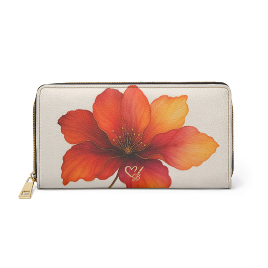 Bella  Zipper Wallet — Orange Hibiscus Print Leather Wallet