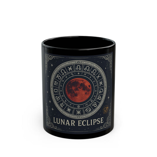 Taza Negra Eclipse Lunar — Taza de Café con Rueda del Zodíaco Astrológico (325 ml/444 ml)