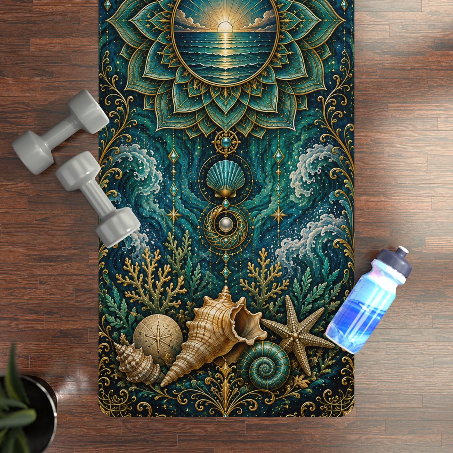 Bohemian Ocean Mandala Rubber Yoga Mat — Seashell Spiritual Beach-Themed Practice Mat