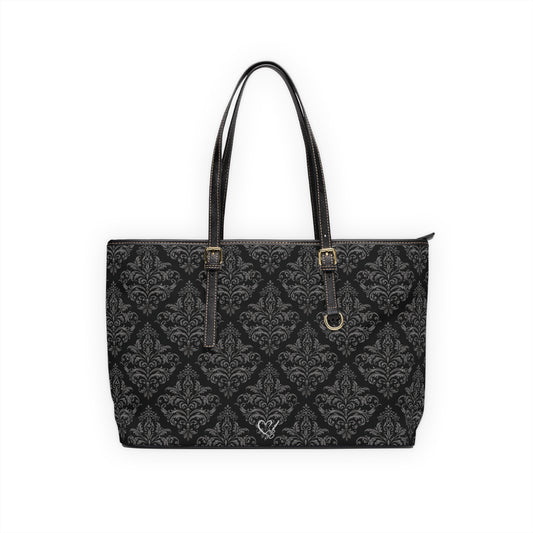 Black Damask PU Leather Shoulder Bag — Elegant Tote for Everyday & Work