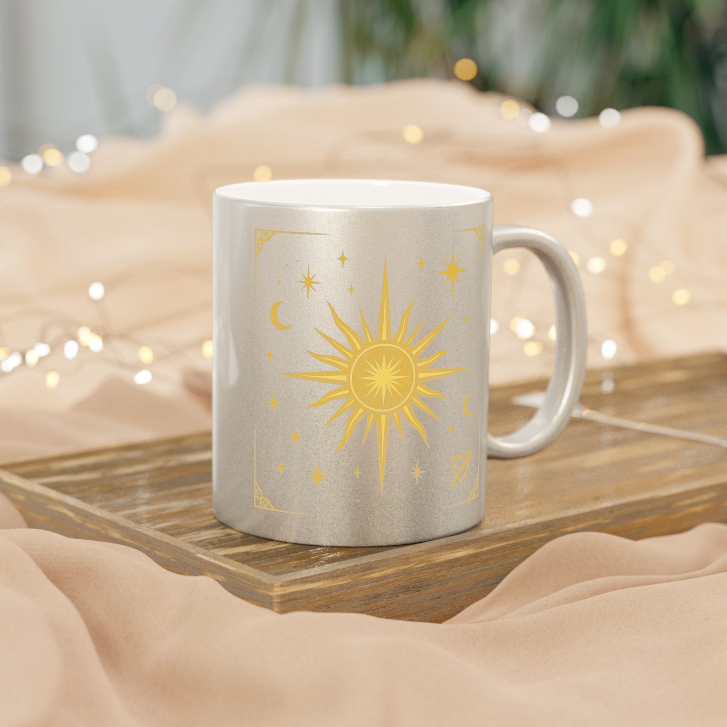 Gold Celestial Sun Metallic Mug — Silver/Gold Cosmic Coffee Cup