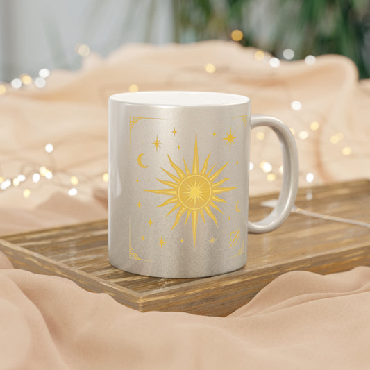 Gold Celestial Sun Metallic Mug — Silver/Gold Cosmic Coffee Cup