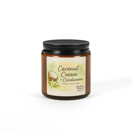 Vela de Soja de Crema de Coco y Cardamomo — Frasco Ámbar (Varios Tamaños)