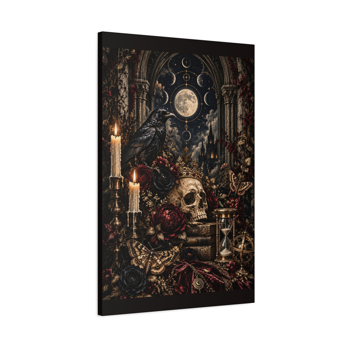 Gothic Moon Skull Canvas Art — Dark Victorian Still Life Wall Decor
