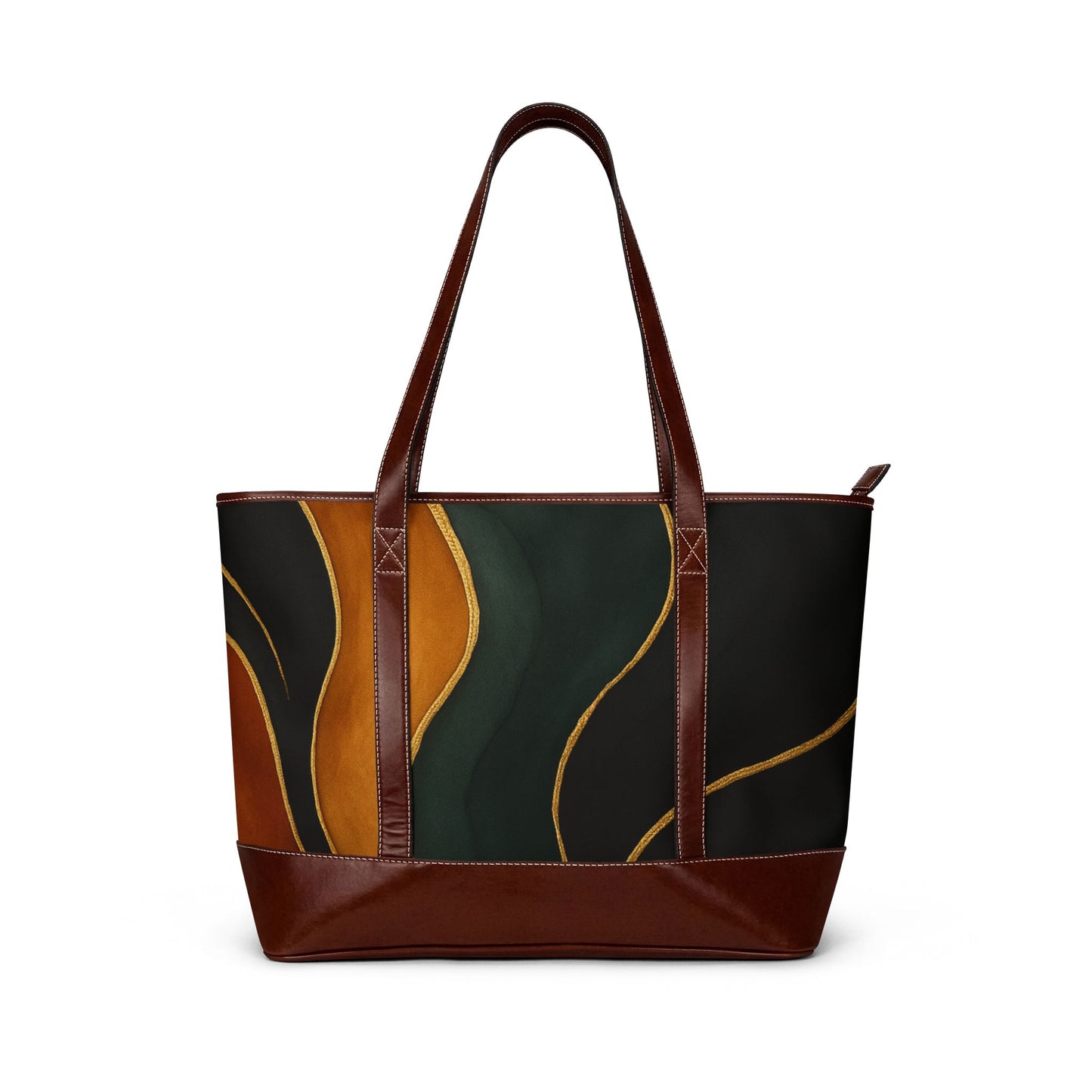 Vivian abstract autumn waves handbag back view – water-resistant polyester tote with faux leather trim by the Soulful Brush
