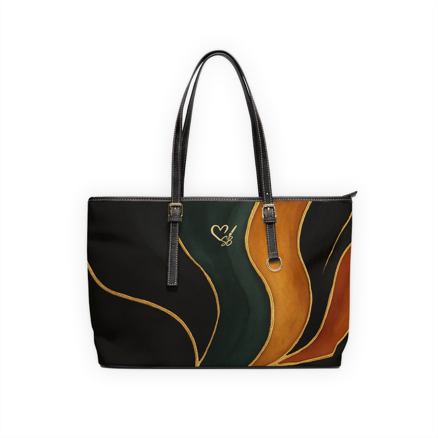 Vivian Artisan Luxe PU leather shoulder bag 17x11 front view – abstract autumn waves earthy green burnt orange tote by the Soulful Brush
