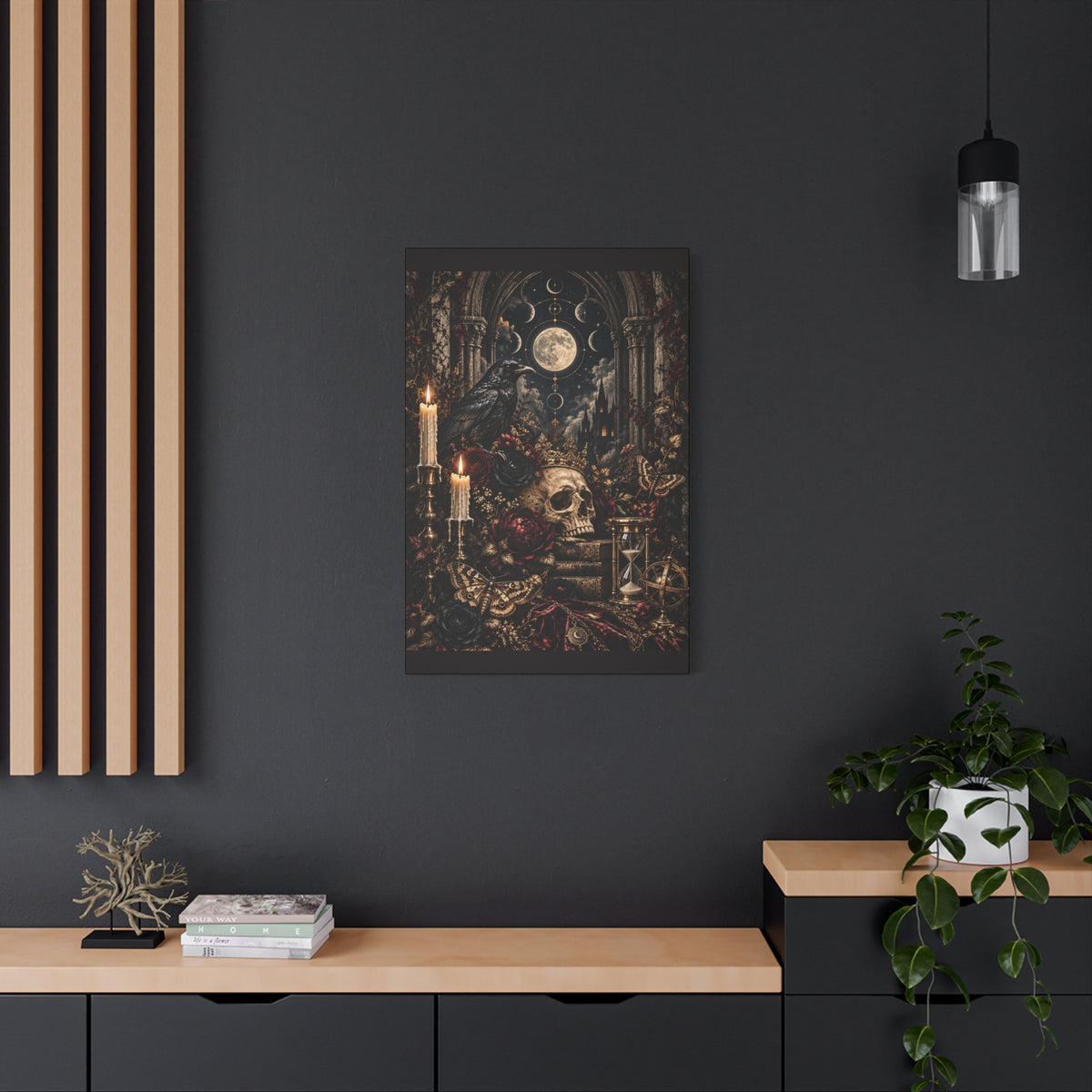 Gothic Moon Skull Canvas Art — Dark Victorian Still Life Wall Decor