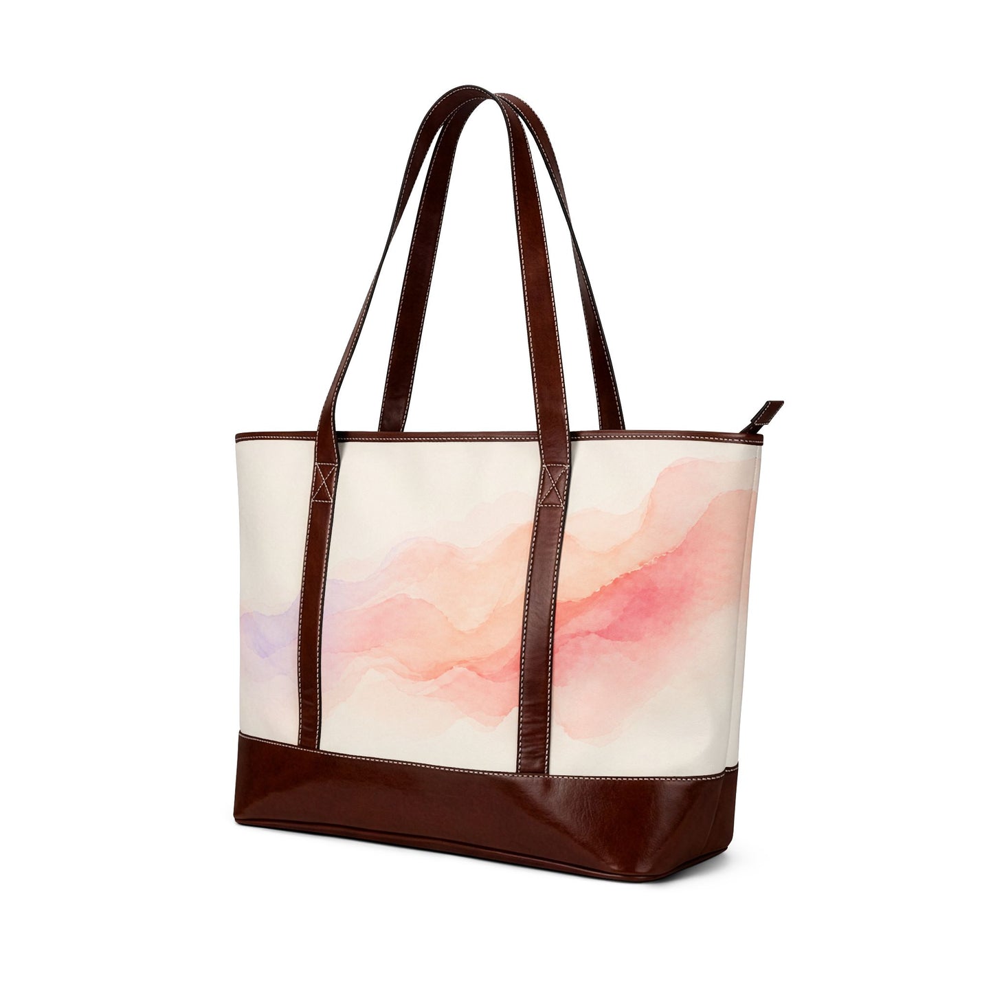 Soft Horizon watercolor handbag Right side view – pink peach sunrise print tote with leather trim by the Soulful Brush
