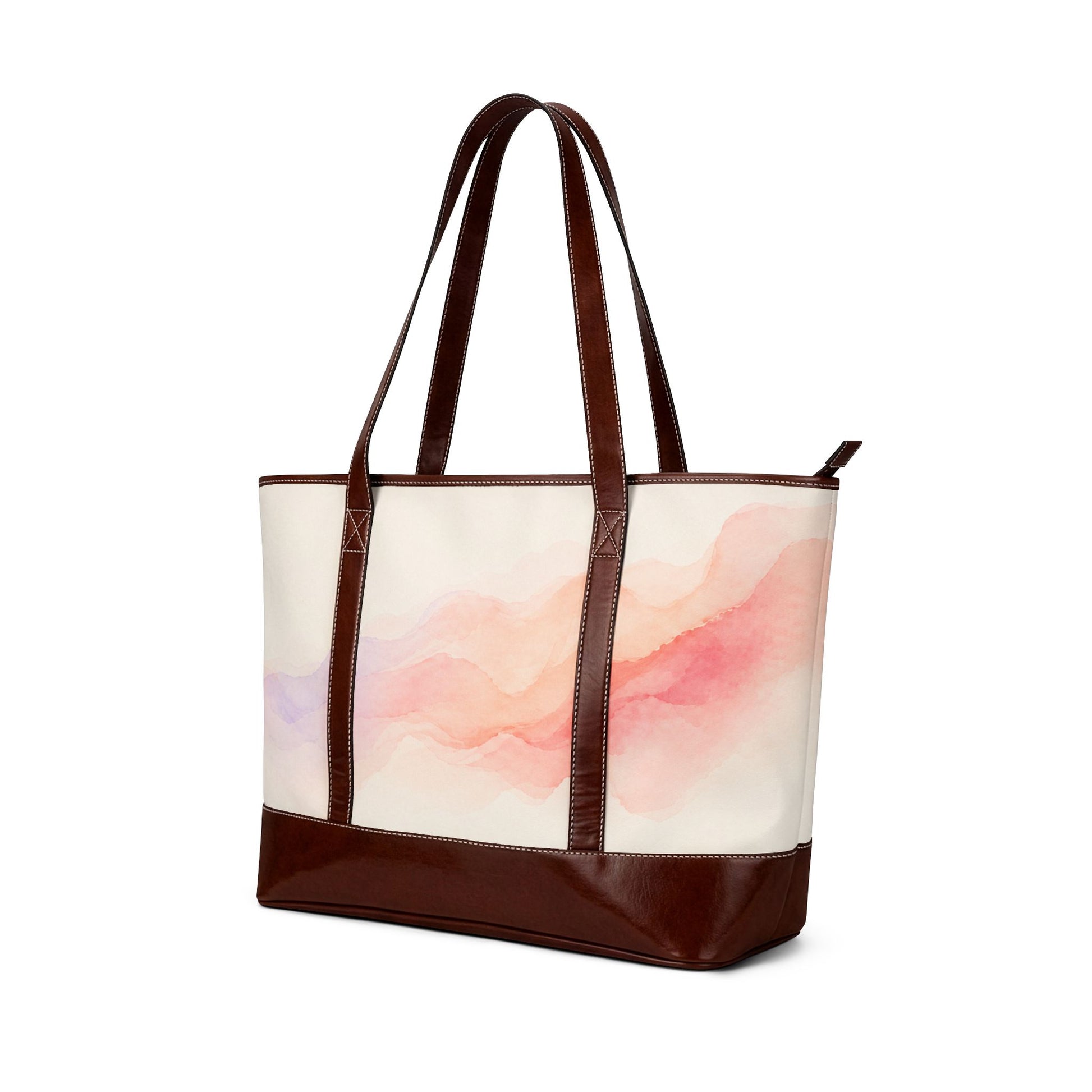 Soft Horizon watercolor handbag Right side view – pink peach sunrise print tote with leather trim by the Soulful Brush
