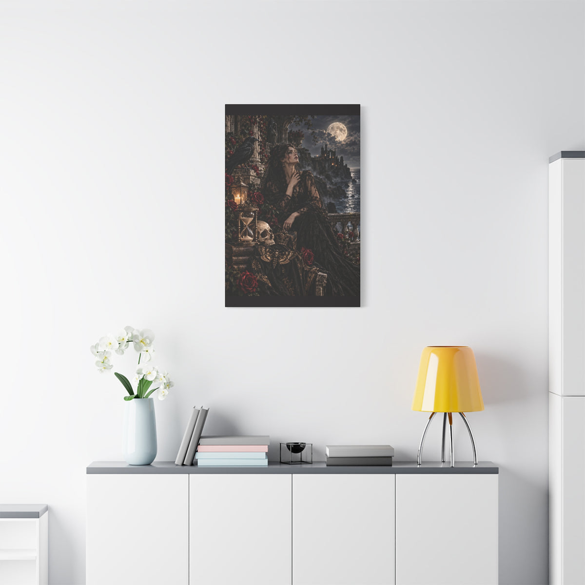 Gothic Moonlight Lady Matte Canvas Wall Art —Garden of Sorrow- Gothic Castle, Skull & Rose Décor