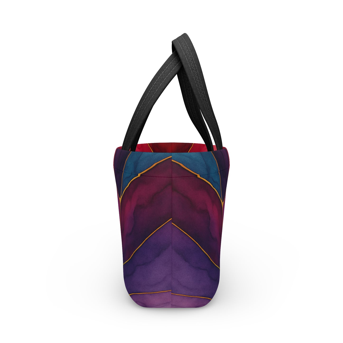Shelby Artisan Luxe insulated lunch bag left side view – vibrant jewel-tone stained glass print lunch tote by the Soulful Brush
