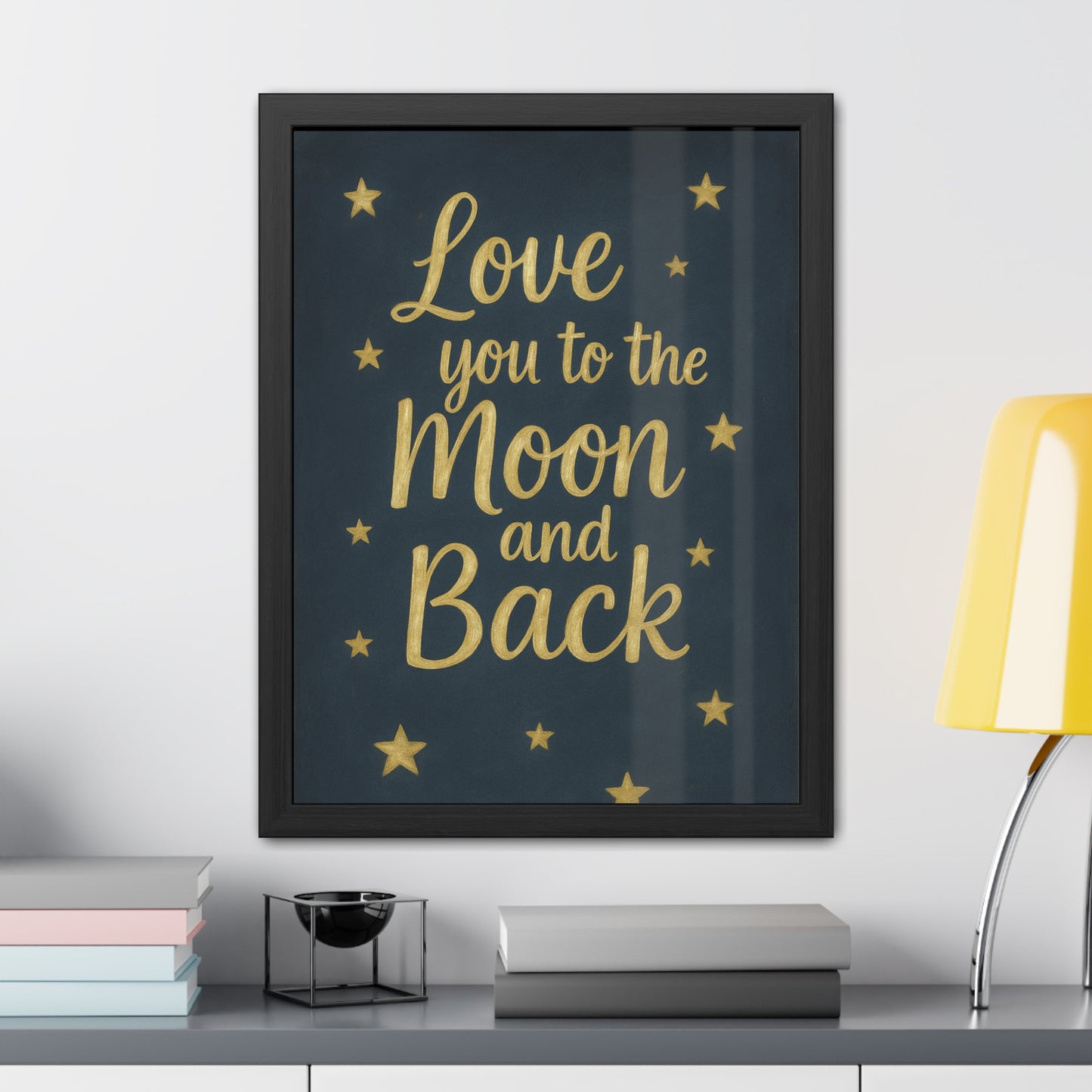 To the Moon and Back-Framed Poster - Gold Script Wall Art (Nursery, Baby Shower, Romantic Gift)-Celestial Dreams