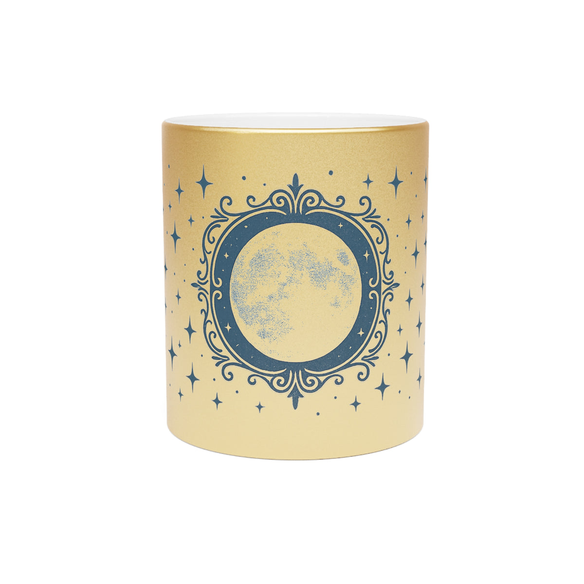 Taza Metálica Fase Lunar — Taza de Café Celestial Plateada/Dorada con Estrellas y Luna Creciente