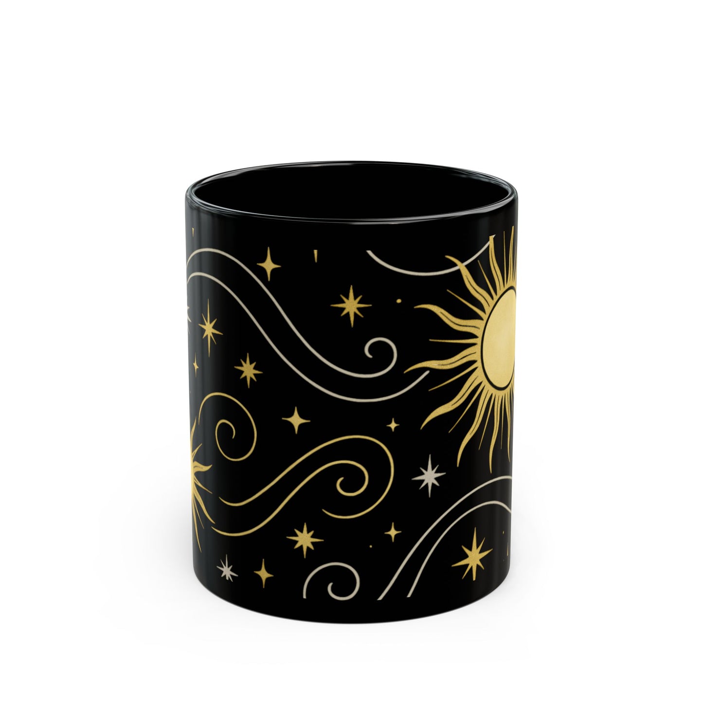 Astrology Sun & Stars Black Mug — Gold Celestial Coffee Cup (11oz/15oz)