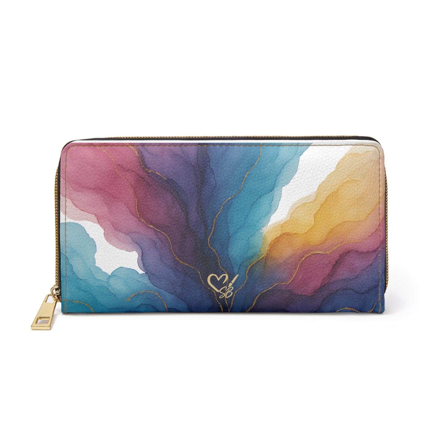 Gloria Zipper Wallet — Colorful Watercolor Wave Zip-Around Wallet with Gold Accents