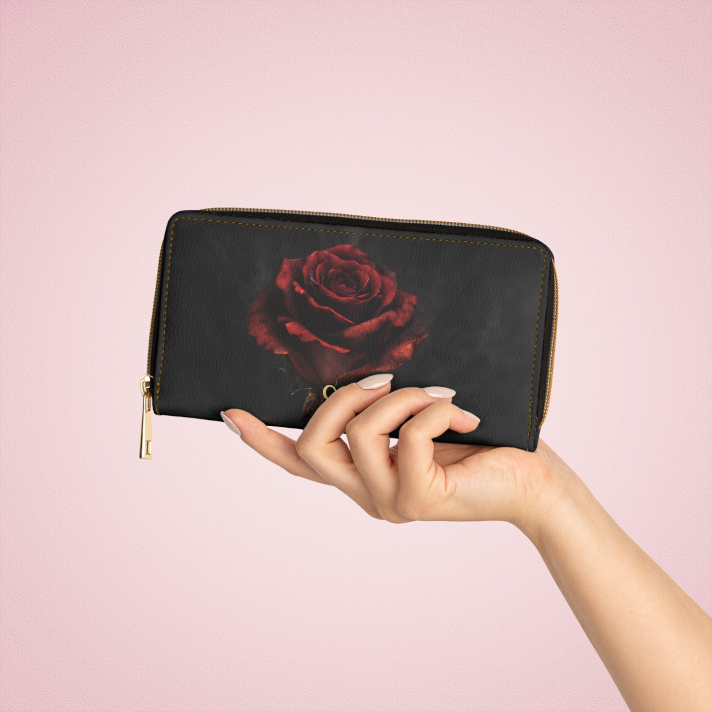 Billetera con cremallera Eternal Bloom – Cartera de mano elegante de polipiel con rosas rojas