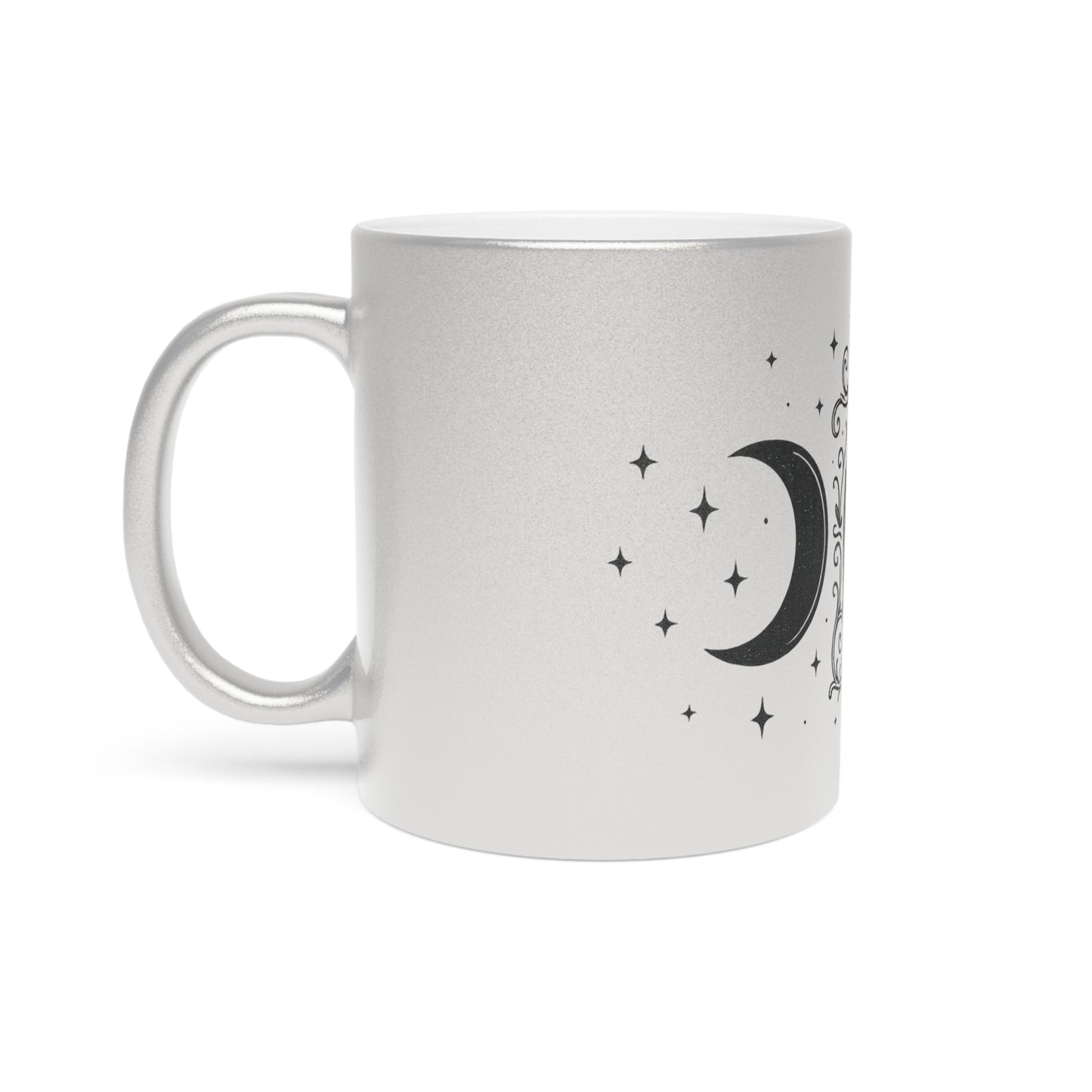 Moon Phase Metallic Mug — Crescent & Full Moon Silver Coffee Cup