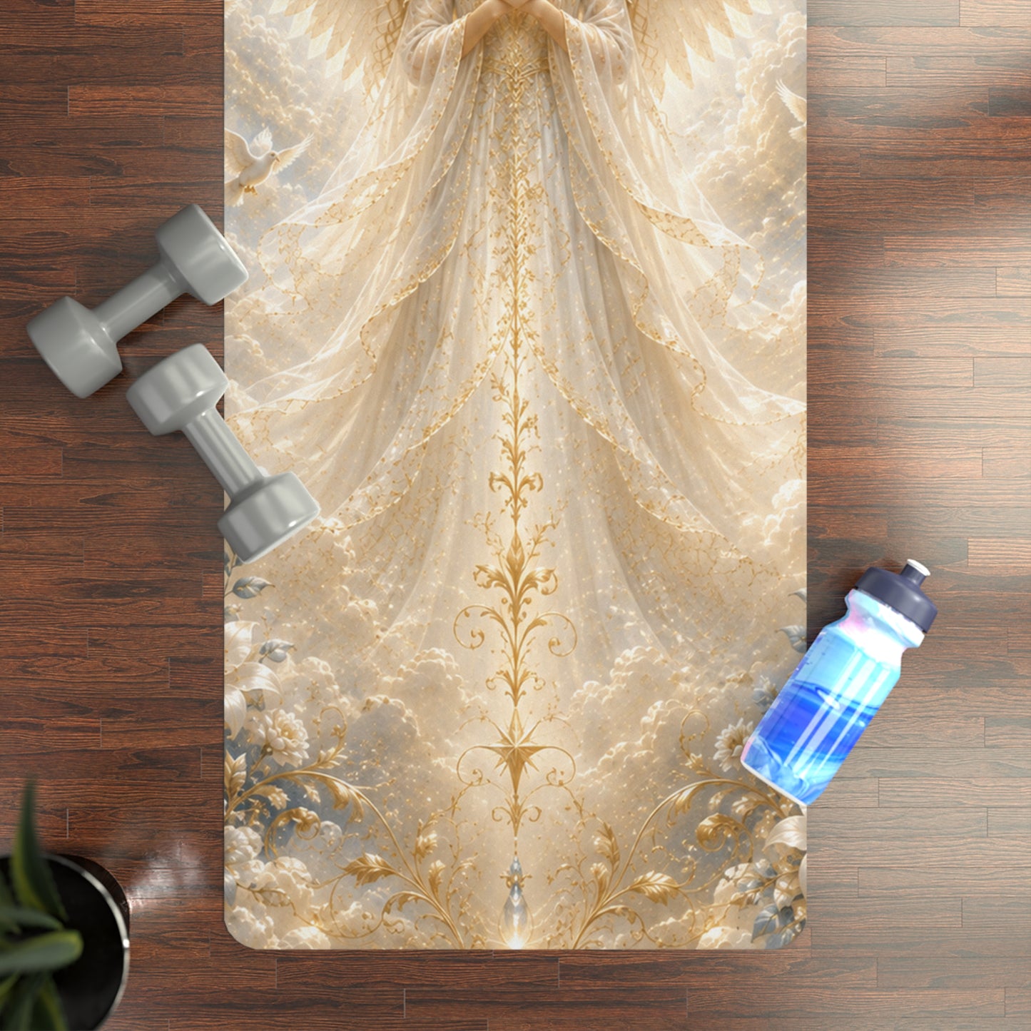 Angelic Guardian Rubber Yoga Mat — Serene Heavenly Pose Design