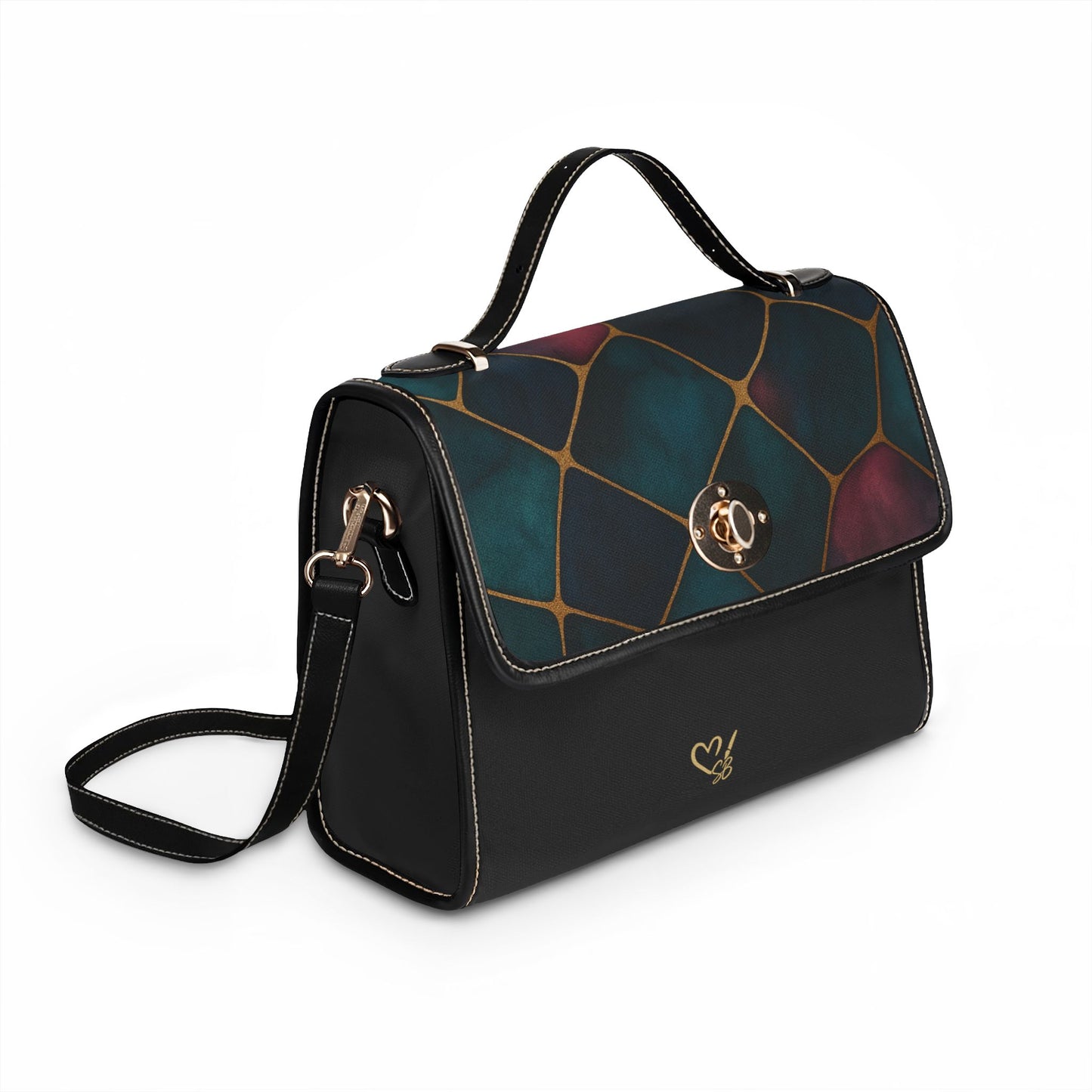 Jada waterproof canvas satchel left side view – structured black waterproof canvas with adjustable crossbody strap by the Soulful Brush
