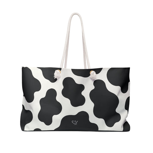 Bolso de viaje grande con estampado de vaca en blanco y negro