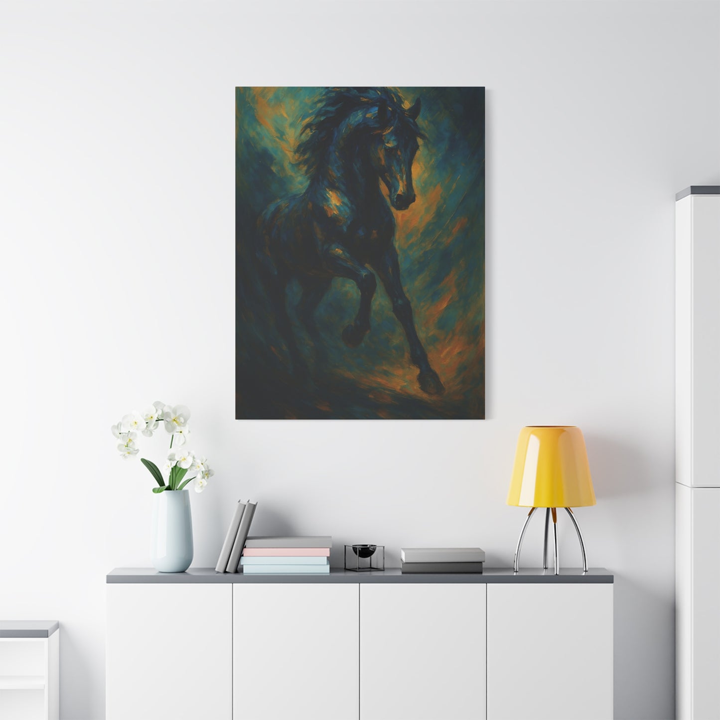 Lienzo Mate de Caballo Negro Galopando — Dramática Pintura Ecuestre