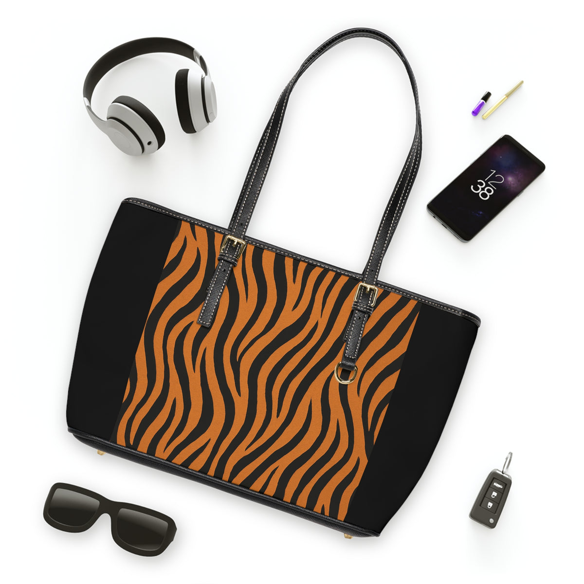 Tiger Stripe PU Leather Shoulder Bag — Black & Orange Animal Print Tote