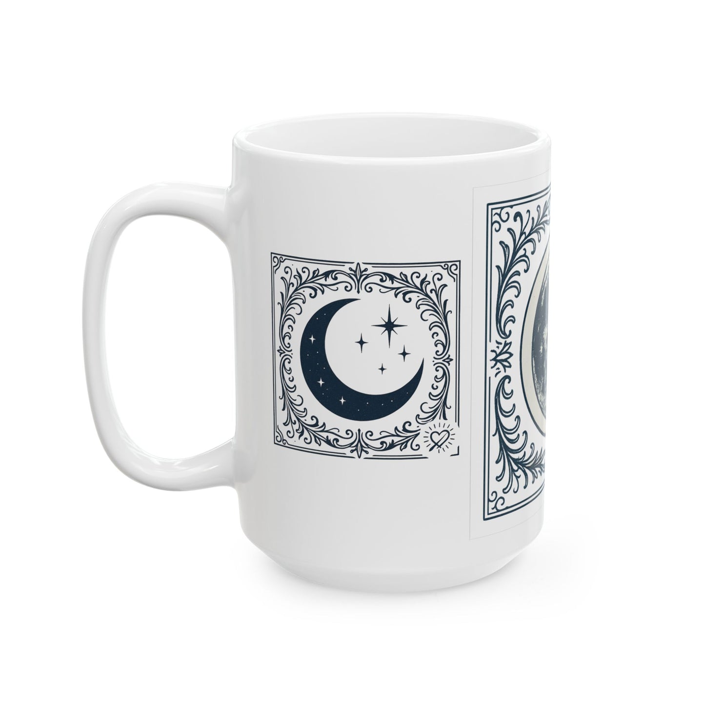 Taza de cerámica blanca con fases lunares — Taza de café artística lunar vintage (325 ml, 440 ml)