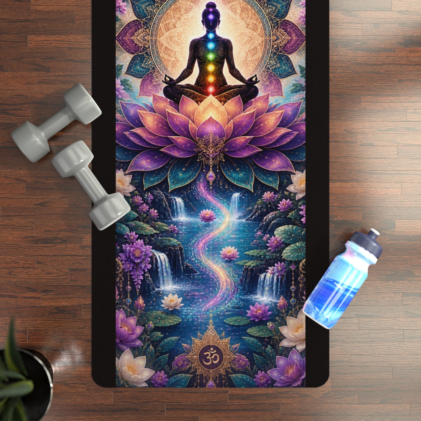 Chakra Lotus Meditation Rubber Yoga Mat — Psychedelic Mountain Serenity Design
