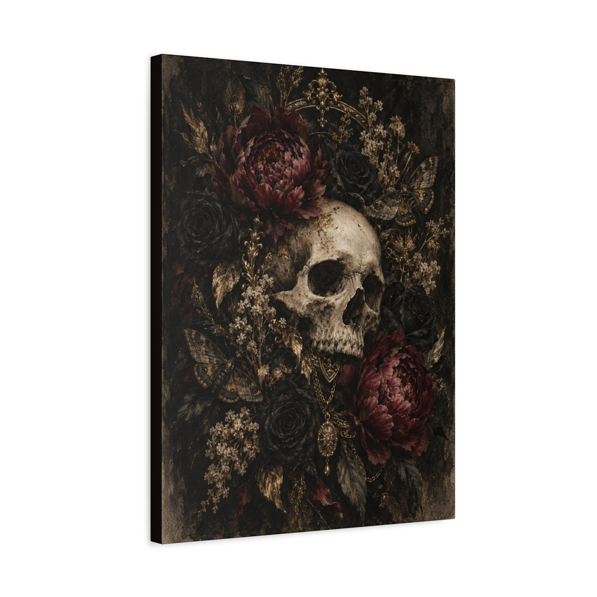 Gothic Skull & Peonies Canvas Wall Art —Velvet Mourning- Dark Floral Home Decor