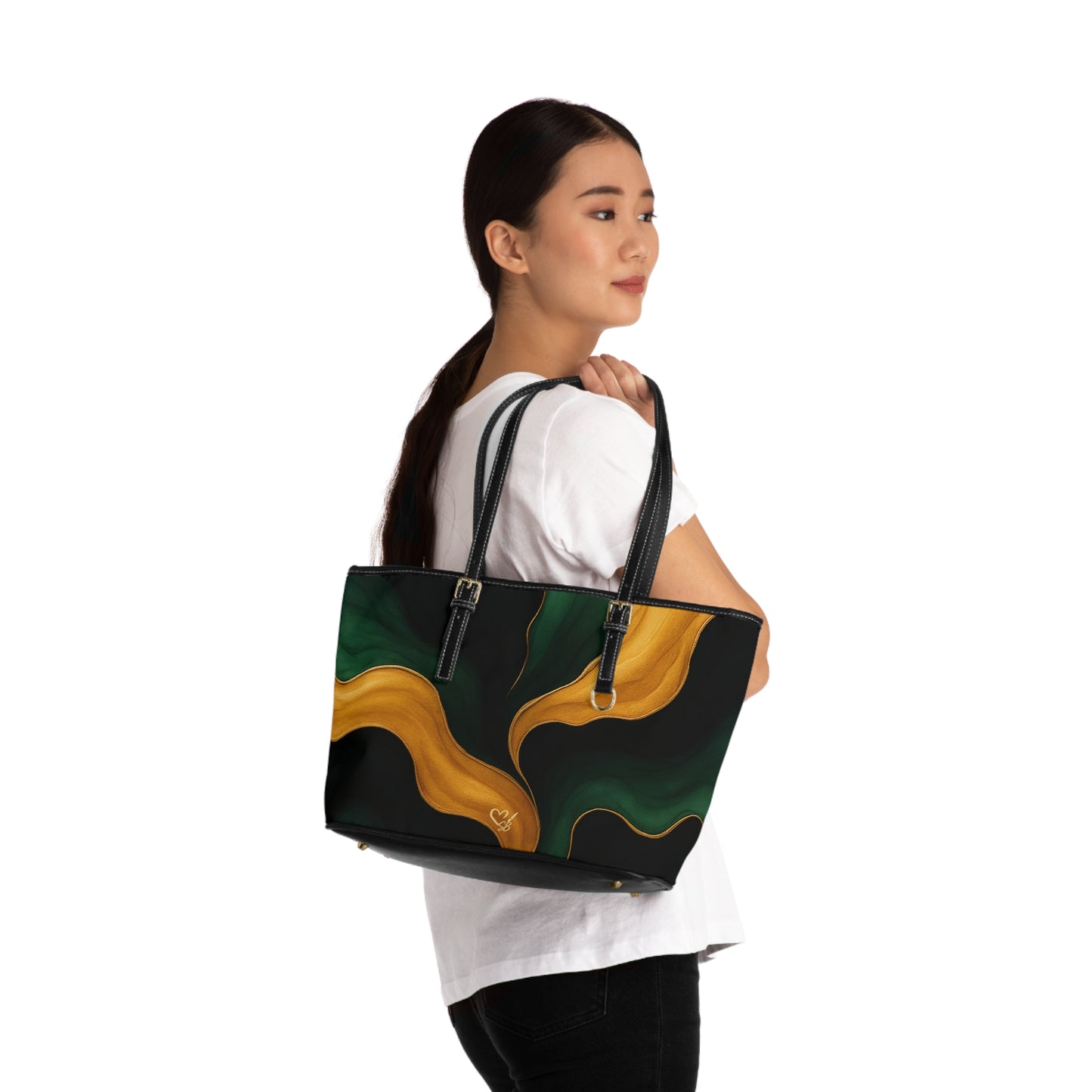 Miranda Artisan Luxe PU leather shoulder bag 16x10 lifestyle shot – rich emerald gold wearable art tote by the Soulful Brush
